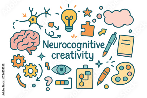 Neurocognitive Creativity Illustration. Neurocognitive creativity. Hand-drawn doodle illustration of