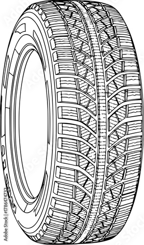 A detailed illustration of a winter tire showing tread patterns and design