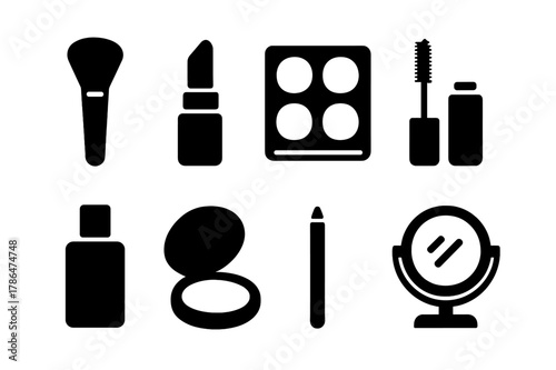 Makeup Icon Set. Makeup essentials. Filled icon set of makeup essentials: brush, lipstick, eyeshadow palette,