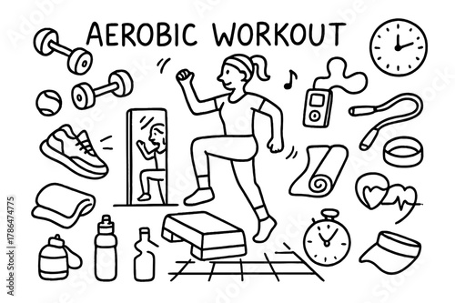Aerobic Essentials Doodle. Aerobic Workout. Hand-drawn doodle illustration Aerobic Workout step platform, person exercising, dumbbells, sneakers, towel, water