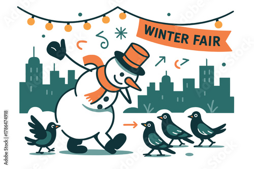 Winter Fair Snowman. Snowman ? City Square. Minimal skyline, string lights above; a snowman entertains pigeons with a jaunty bow. Banner reads ?winter fair?.