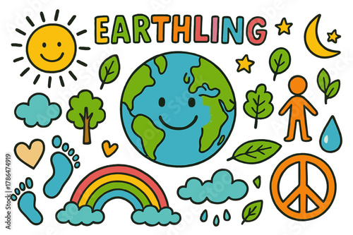 Colorful Earth Doodle. Earthling. Colorful Hand-drawn doodle Children illustration Earthling planet Earth, smiling globe, trees, stars, human figure,