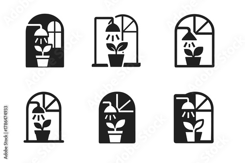 Creative Science Logo Set. Teaching science experiments in schools. Icon set. Set Logo of teaching science experiments in schools: plant growth test under lamp