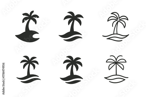 Palm Beach Logo Variations. Palm beach. Set Logo of Palm beach: shoreline wave beneath palm. harmonious logo variations of the same emblematic concept, each
