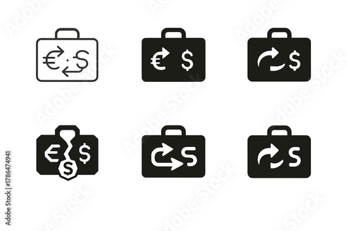 Tariff Negotiation Logos. tariff negotiations. Set Logo of tariff negotiations: two briefcases facing each other with currency flow. Icon set. harmonious logo