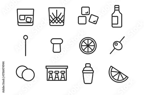 Cocktail Icon Set. Cocktail hour. Line icon set of cocktail hour: whiskey glass, crystal glass, ice cubes, bottle, cocktail stirrer, cork, lemon slice, olive,