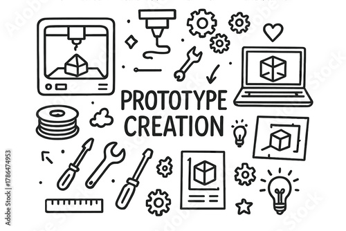 Prototype Creation Doodle. Prototype Creation. Hand-drawn doodle illustration of Prototype Creation. 3D