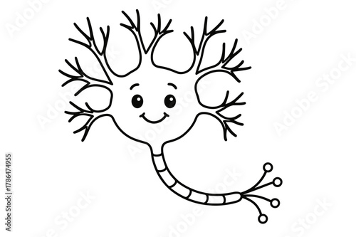 Friendly Neuron Coloring. Neurons children?s coloring book illustration, outlined drawing, a smiling cartoon neuron with a big round cell body, branching