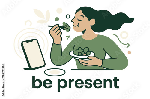 Mindful Eating Illustration. Mindful Eating ? Digital Detox. Phone set aside beside a small plate; soft lines fade from the screen outward. Caption ?be