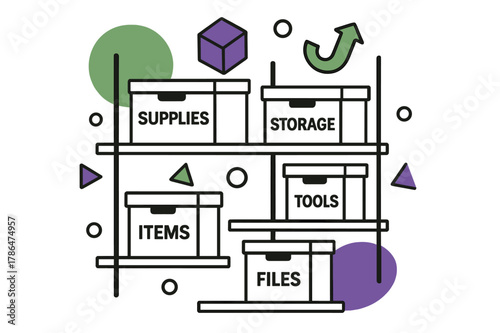 Modern Modular Shelving. Smart shelving. Modular shelves with labeled boxes and abstract floating geometric