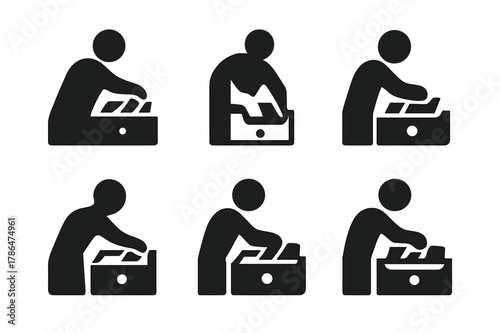 Drawer Organizing Icons. Cleaning Out a Drawer. Set Logo of Person Organizing: Filled silhouette, Abstract geometric, Negative space, Flat solid, Stylized
