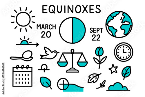 Equinox Doodle Illustration. // Equinoxes. Hand-drawn doodle illustration Equinoxes [Sun, equal day-night circle (accented), March label, Sept label