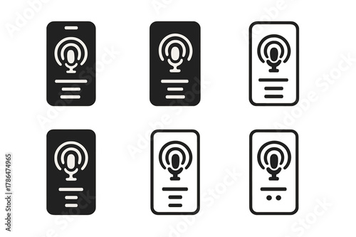 Podcast Logo Grid. The rise of podcasts and their cultural impact. Set Logo of smartphone with episode queue: Negative space, Filled silhouette, Minimal