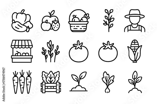 Locally Grown Icons. Locally grown food. Line icon set of locally grown food: fresh vegetables, fruits, basket, farmer, market stall, herbs, tomato, corn,