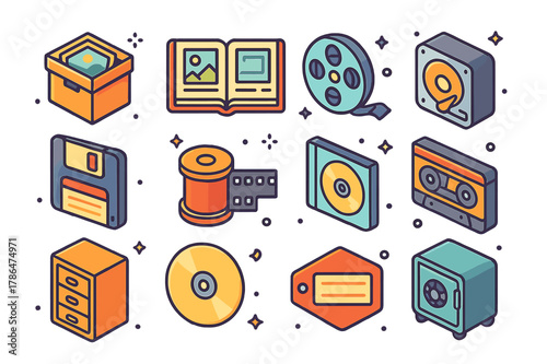 Memory Storage Icons. Memory and archive storage. Colorful isometric vector icons set of Memory and archive storage: photo box, album book, film reel, old hard
