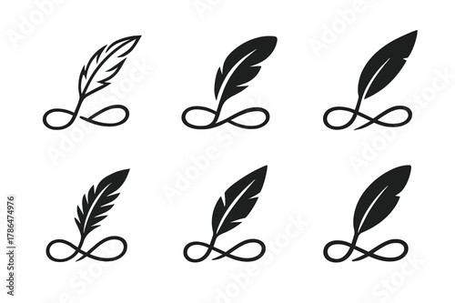Quill Logo Variations. Handwriting practice worksheet. Set Logo of Handwriting practice worksheet: quill drawing flowing letters. Icon set. harmonious logo
