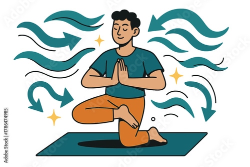 Yoga Stress Navigation. Navigating stress. Person practicing yoga on mat with abstract floating waves, arrows, and sparkles; conveys balance, relaxation, and