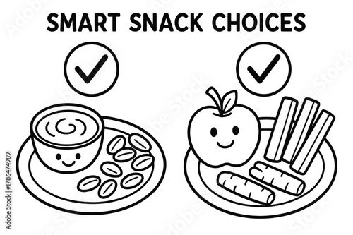 Healthy Snack Choices. Smart snack choices children?s coloring book illustration, outlined drawing, two small plates showing nuts, yogurt, fruit, and veggie