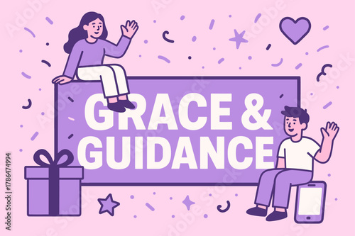 Grace & Guidance Banner. Grace & Guidance banner, flat vector illustration, bold oversized text inside rectangular frame banner, cartoon characters sitting and