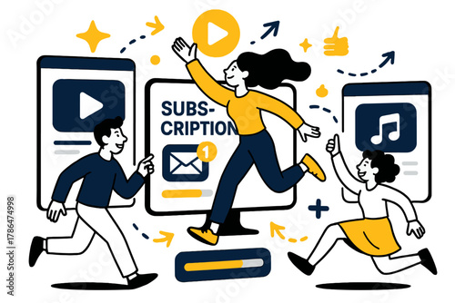 Dynamic Subscription Dashboard. Subscription services overview. Multiple screens displaying apps,