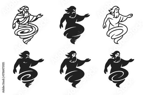 God of Storms Logos. A god controlling the winds and the storms. Set Logo of A god controlling the winds and the storms: billowing cloak forming a cyclone.