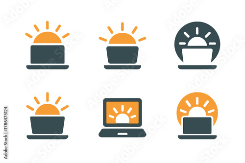 Flexible Work Logos. Flexible work schedules for parents. Icon set. Set Logo of Flexible work schedules for parents: sunrise over laptop. harmonious logo