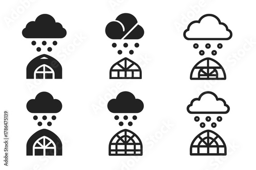 Hailstorm Protection Logos. Hailstorm damage prevention in agriculture. Icon set. Set Logo of Hailstorm damage prevention in agriculture: greenhouse structure