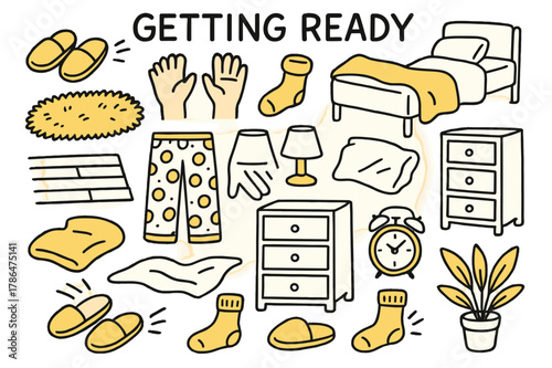 Cozy Morning Routine. Getting ready. Hand-drawn doodle illustration slippers (colored), feet (colored), hands (colored), socks (colored), chair (colored), cozy