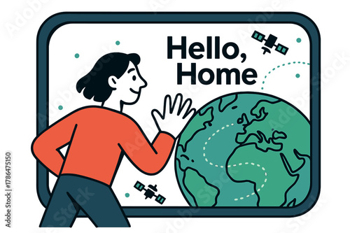 Welcome Home Vista. Panoramic Window View. A traveler presses a palm to the glass as continents slide by; text ?Hello, Home? floats in friendly type. Tiny