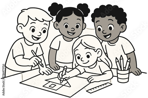 Kids Coloring Unity. creative team children?s coloring book illustration, outlined drawing, a group of diverse kids working together on a project, educational