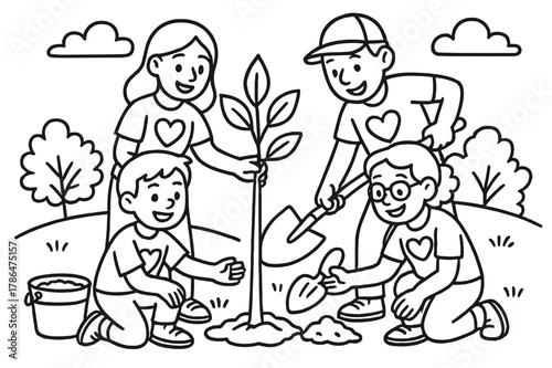 Community Tree Planting. Community participation children?s coloring book illustration, outlined drawing,