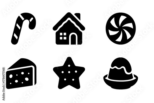 Holiday Sweets Icons. Holiday sweets. Filled icon set of holiday sweets: candy cane, gingerbread house,