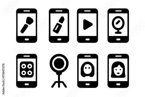 Makeup Icons Grid. Makeup tutorials on mobile phone. Filled icon set of makeup tutorials on mobile phone: