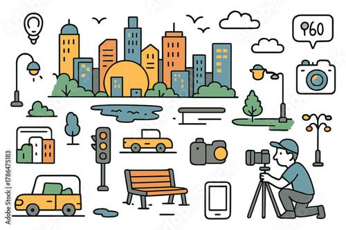 Urban Dusk Scene. Urban dusk photography. Hand-drawn doodle illustration city skyline (colored), setting sun (colored), skyscrapers (colored), street lights