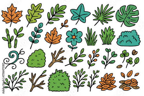 Vibrant Leafy Doodle. Foliage variety. Hand-drawn doodle illustration maple leaves (colored), oak leaves (colored), fern fronds (colored), ivy (colored), palm