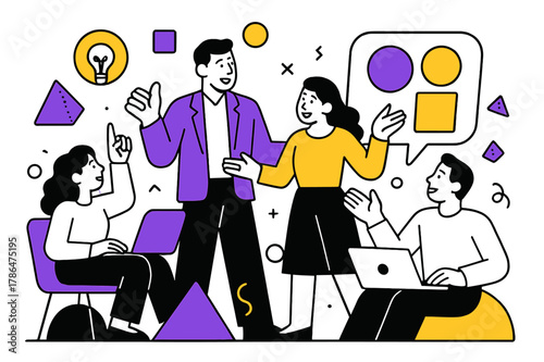 Creative Team Collaboration. Team Leaders Guiding Teams in Creative Projects. Team members presenting ideas with leader guiding the discussion, floating