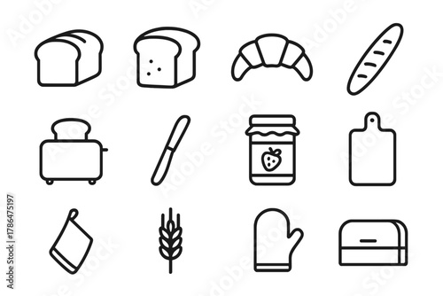 Bread Box Icon Set. Bread box. Line outline icon set of bread box: bread loaf, sliced bread, croissant,