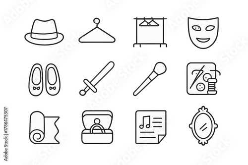 Costume Props Icons. Costume and Props. Line icon set of Costume and Props: hat, hanger, wardrobe rack, mask, stage shoes, prop sword, makeup brush, sewing