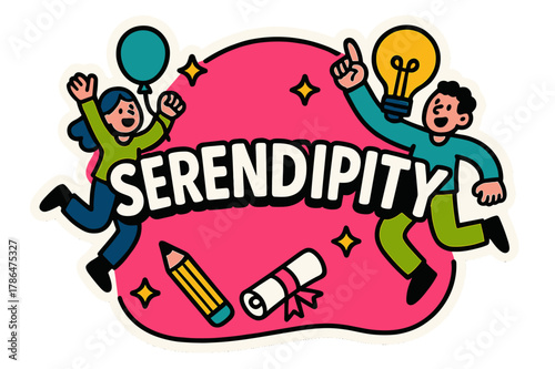 Serendipity Celebration. Serendipity sticker outline, flat vector illustration, bold oversized text inside rounded blob, cartoon characters jumping and