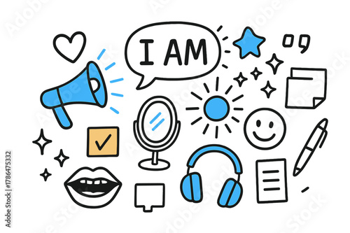 Affirmation Doodle Icons. // Affirmations. Hand-drawn doodle illustration affirmations [speech bubble ?I am? (accented), megaphone (accented), heart, sunburst