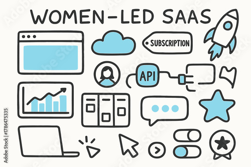 Women-Led SaaS Doodle. // Women-led SaaS. Hand-drawn doodle illustration Women-led SaaS [browser window (accented), cloud (accented), subscription tag,