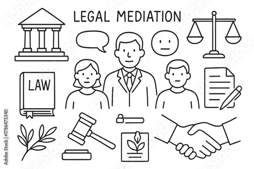 Legal Mediation Doodle. Legal mediation. Hand-drawn doodle illustration legal mediation courthouse icon, mediator, clients, law book, notepad, pen, speech