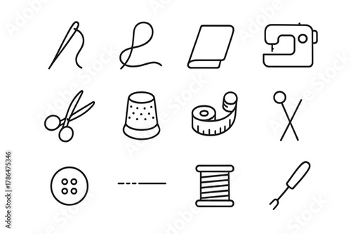 Sewing Tools Icons. Clothing stitching. Line icon set of clothing stitching: needle, thread, fabric fold, sewing machine, scissors, thimble, measuring tape,