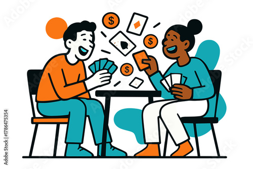Card Game Rivalry. Friendly rivalry. Two people sitting at a small table playing cards, both laughing as cards
