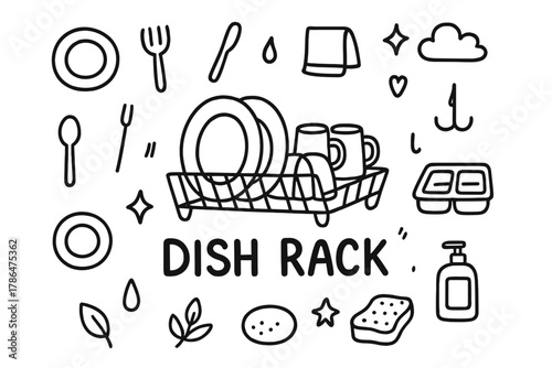 Dish Rack Doodle. Dish Rack. Hand-drawn doodle illustration of Dish Rack. In the middle, one slightly larger