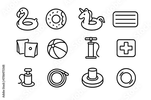 Pool Toys Icon Set. Inflatable Pool Toys. Line icon set of Inflatable Pool Toys: flamingo float, donut float, unicorn float, inflatable lounger, arm floaties,