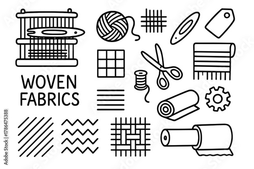 Woven Fabric Icons. Woven fabrics. Hand-drawn doodle illustration woven fabrics loom, yarn, shuttle, warp threads, pattern grid, scissors, spool, stripe lines,