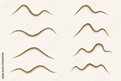 Grainy pattern of dots. Wavy noisy abstract sand brush strokes with stipple effect. Spray vector shapes with halftone gradation. Mountain dusty textured fluid elements.
