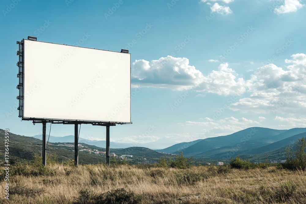 Fototapeta premium An empty billboard stands prominently against the backdrop of a clear sky, green fields, and distant mountains. It's ready for advertising.