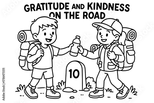 Travelers Helping Each Other. Gratitude and kindness on the road children?s coloring book illustration, outlined drawing, travelers sharing water and helping